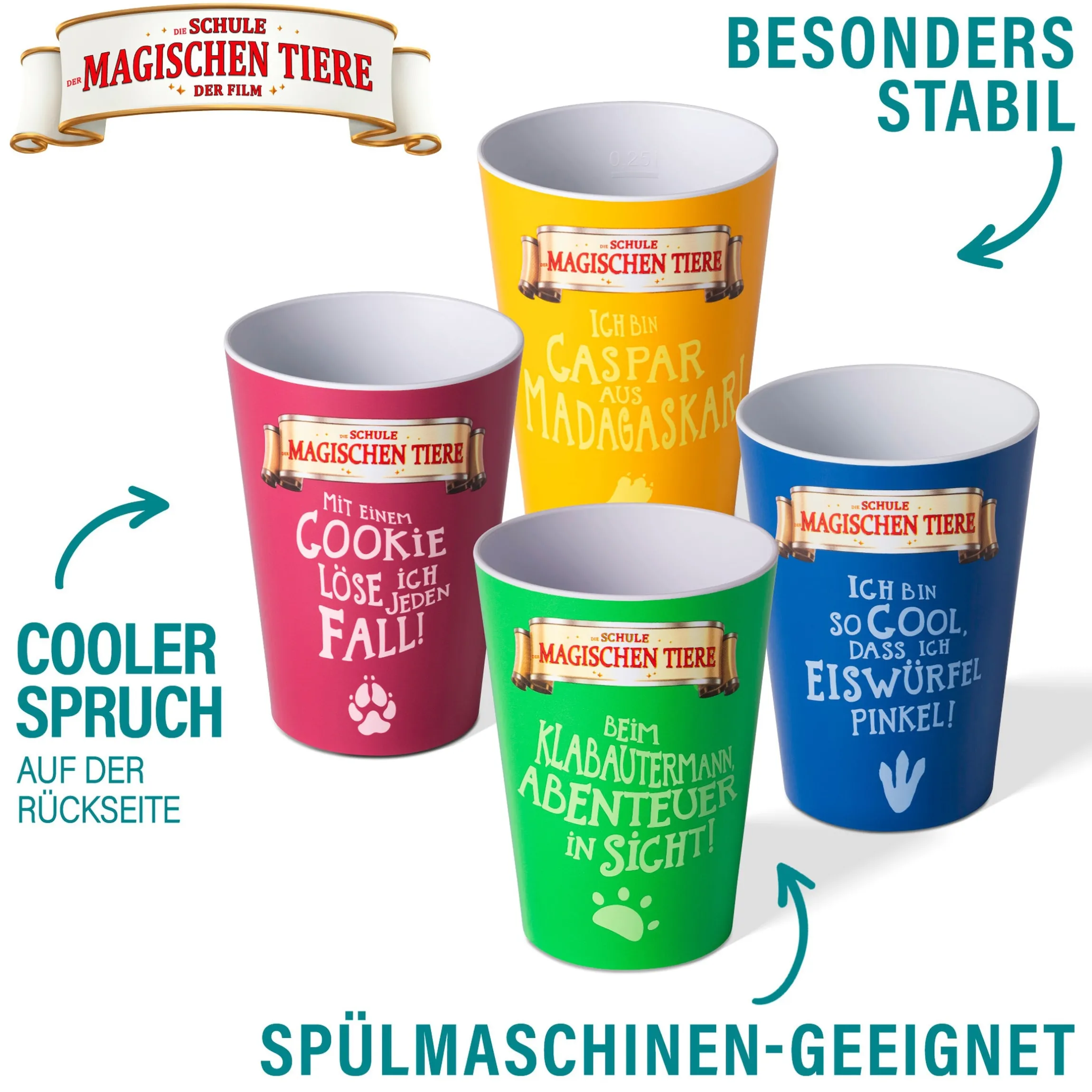 AWAVE Die Schule der Magischen Tiere Trinkbecher 250 ml rPET Set 4-teilig, mit Eichstrich