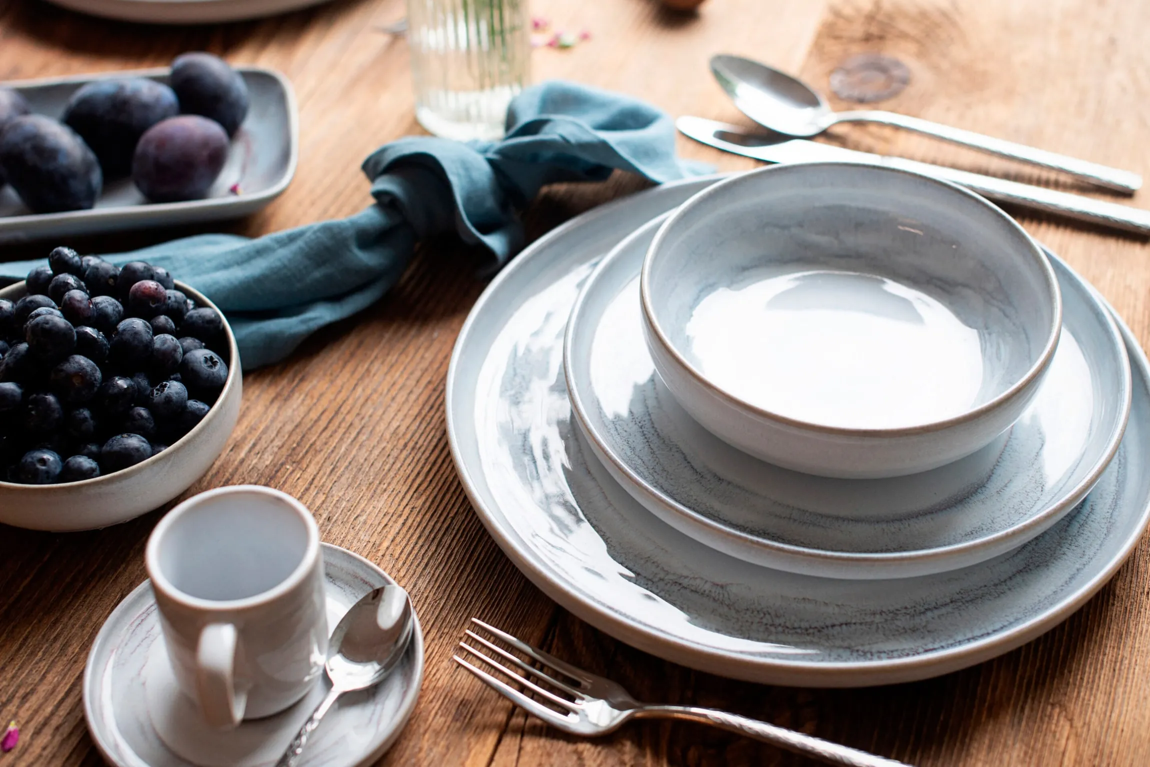 Dessertteller-Set, Steinzeug TIEFER SEE Grau / Weiß