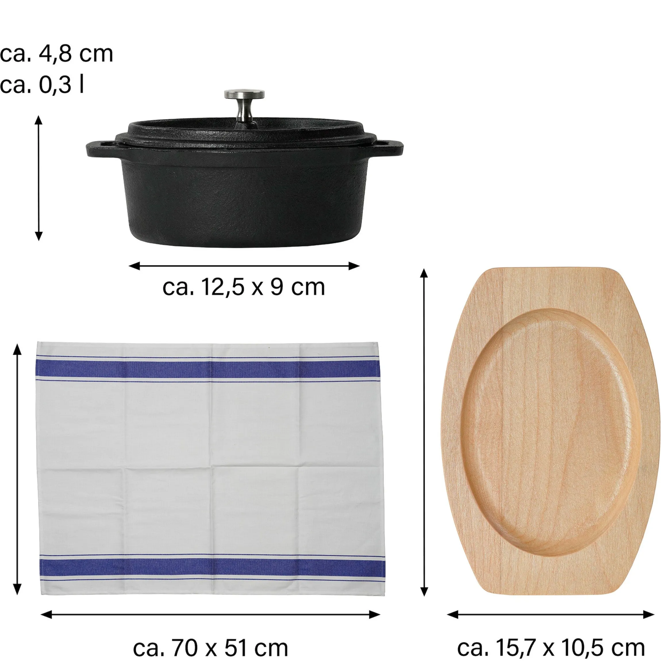 Freyersbacher Mini Cocotte 12x8,5 cm Gusseisen, Kleiner Emaille Topf | Oval, mit Brett und Tuch