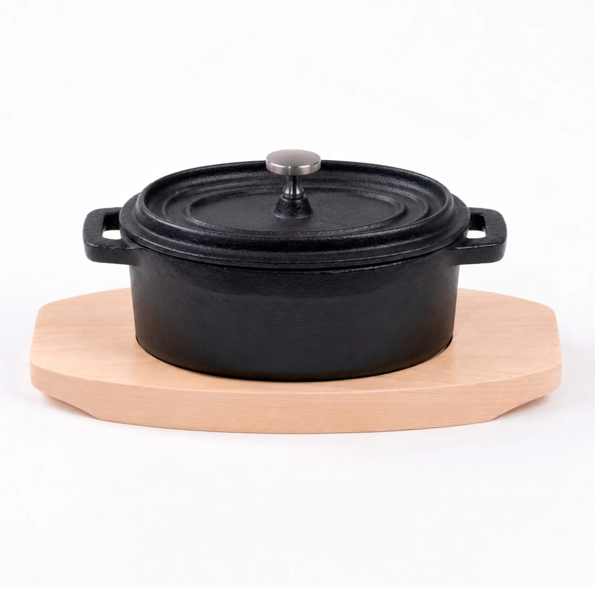 Freyersbacher Mini Cocotte 12x8,5 cm Gusseisen, Kleiner Emaille Topf | Oval, mit Brett und Tuch