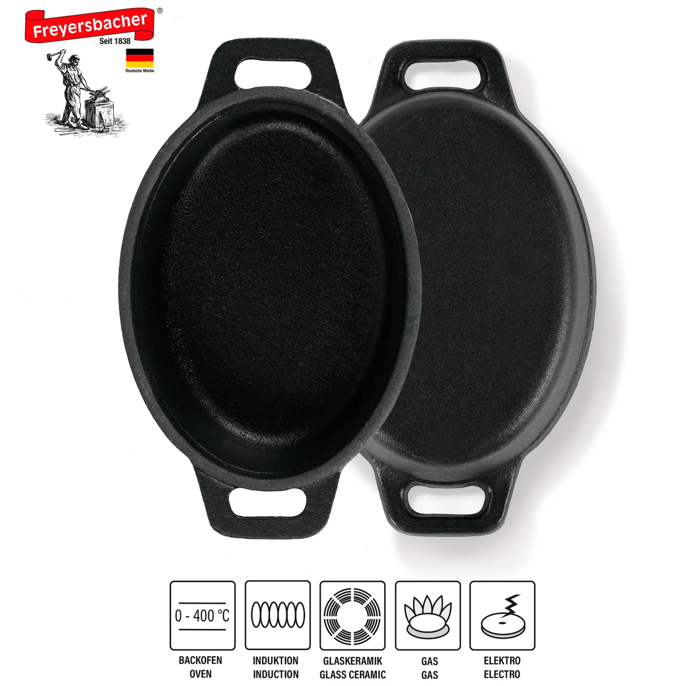 Freyersbacher Mini Cocotte 12x8,5 cm Gusseisen, Kleiner Emaille Topf | Oval, mit Brett und Tuch