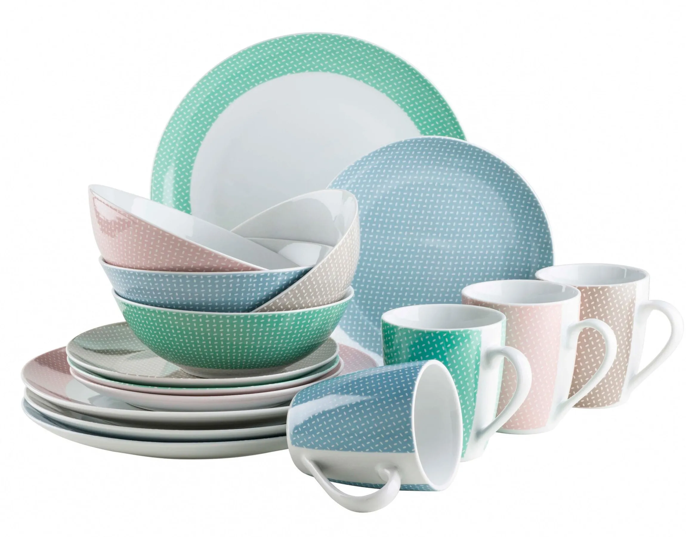 Geschirr-Set, Porzellan Kitchen Time II Rosa, Blau, Grün, Beige