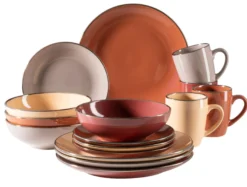 Kombiservice, Steinzeug METALLIC RIM Rot, Braun, Orange, Beige