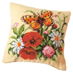 Kreuzstichkissen "Blumen mit Schmetterling"