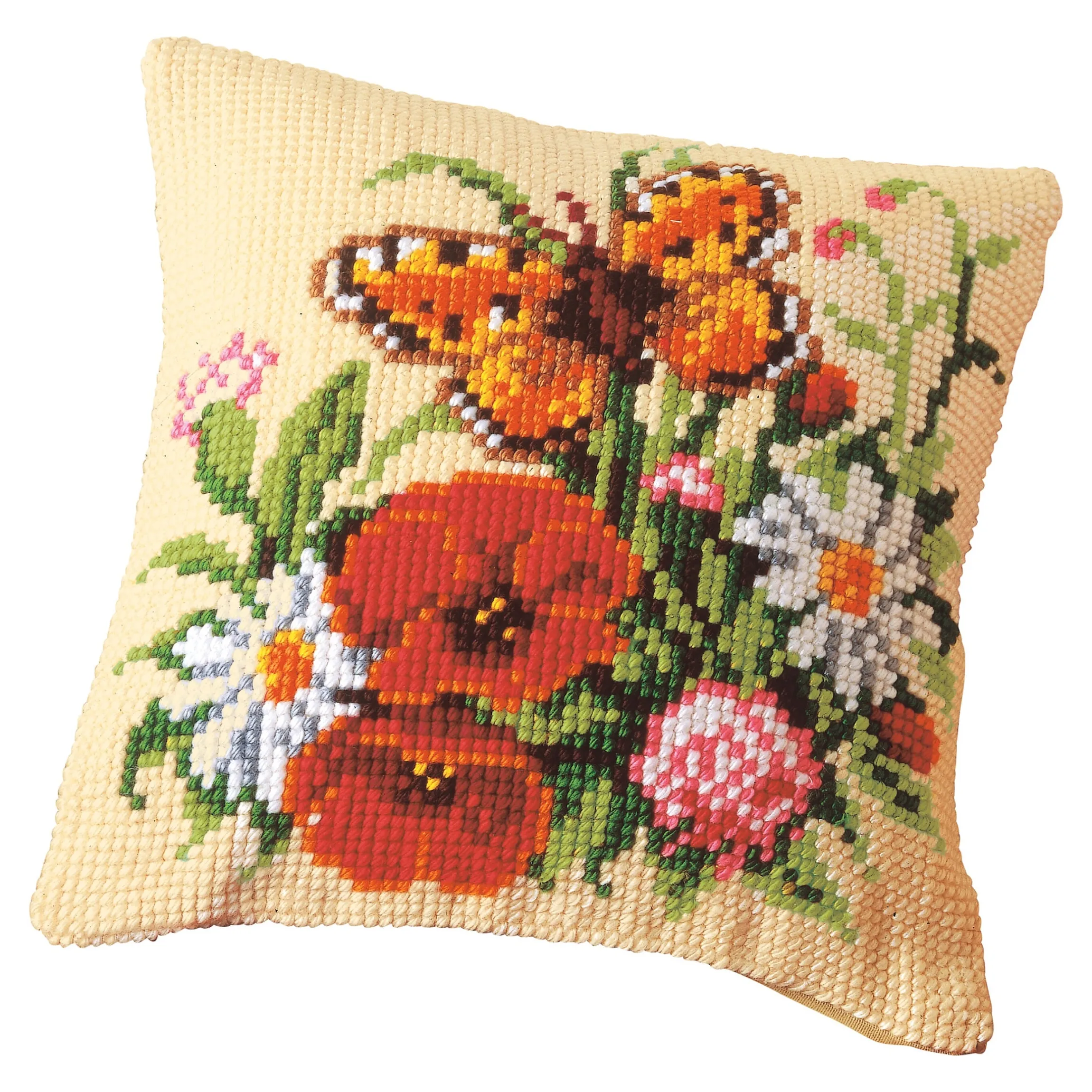 Kreuzstichkissen "Blumen mit Schmetterling"