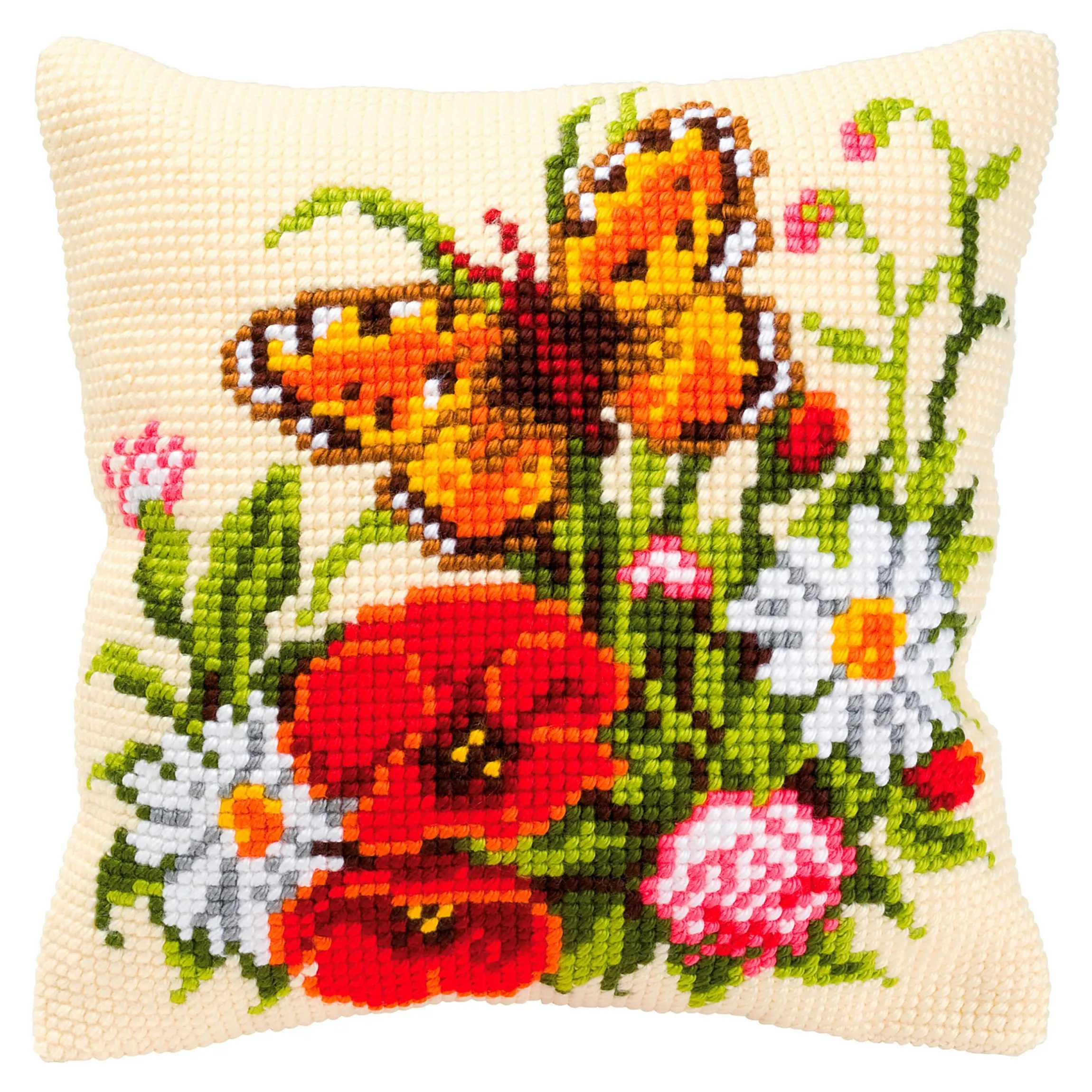 Kreuzstichkissen "Blumen mit Schmetterling"