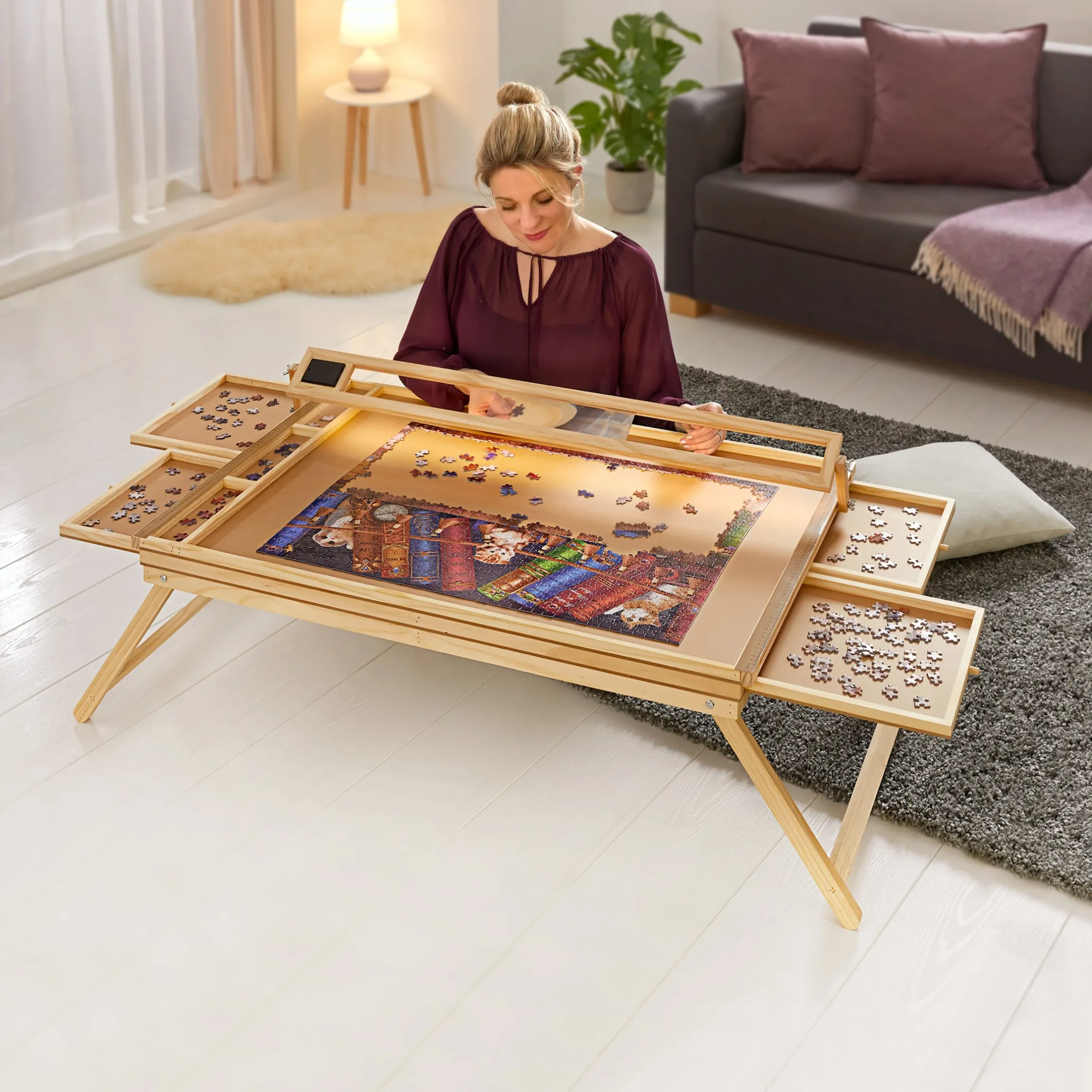 Puzzletisch "Premium" mit LED-Licht, 4 Schubladen, Lupe, mit Beinen, klappbar für 1500 Teile