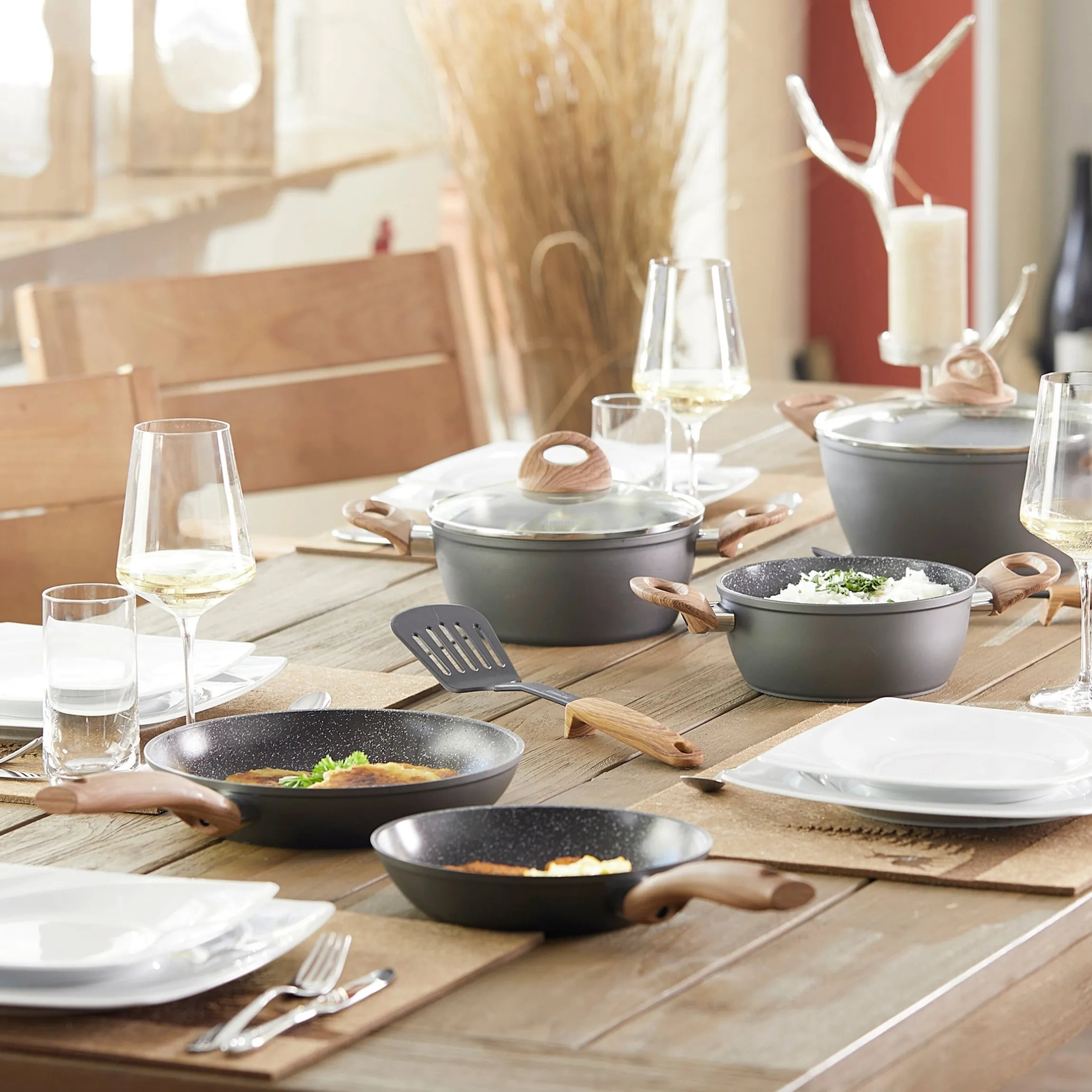 STONELINE CERAMIC Keramik Kochgeschirr-Set 14-teilig | mit Deckeln - Holzoptik