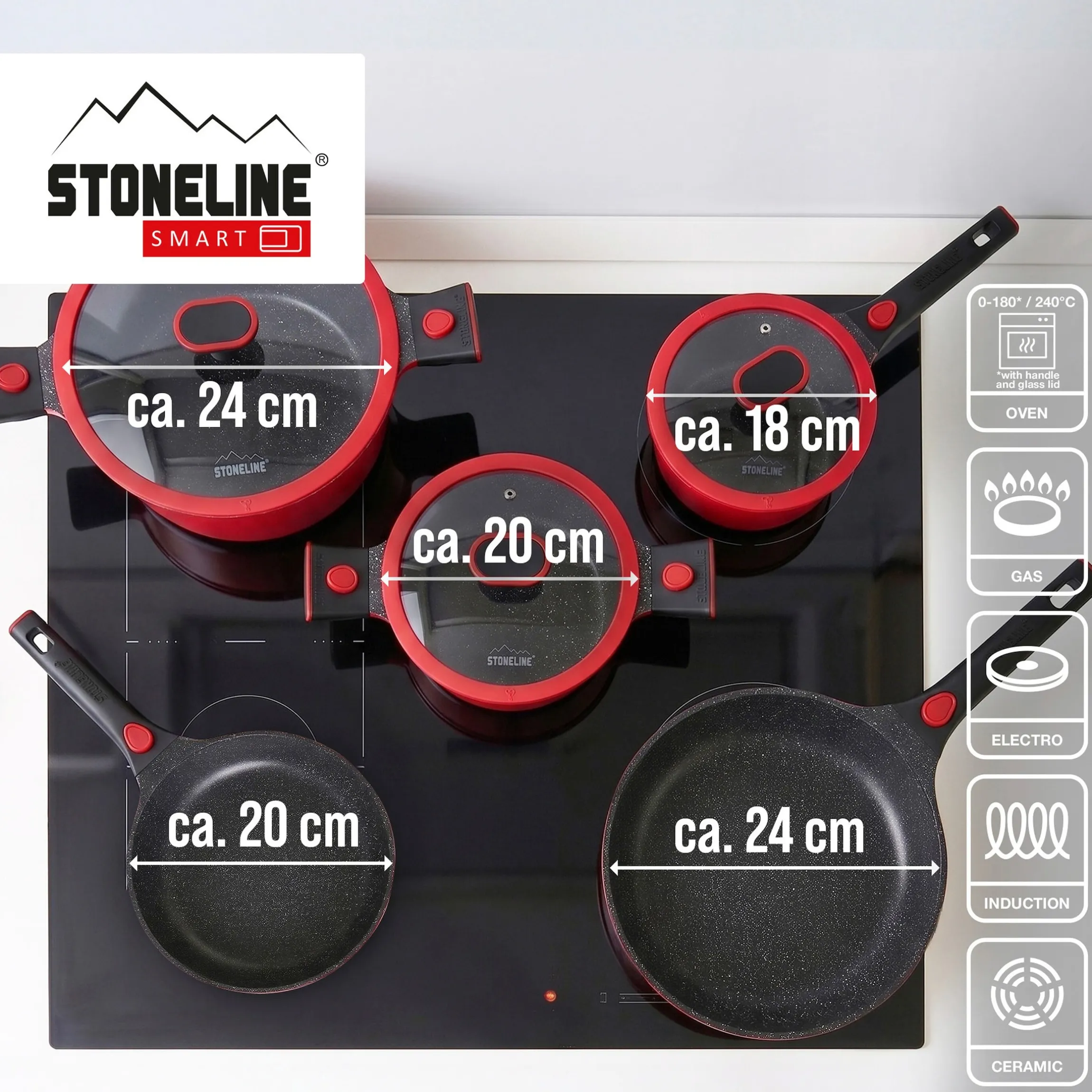STONELINE SMART Kochgeschirr-Set 8-teilig 18/20/24 | mit Deckeln - Rot