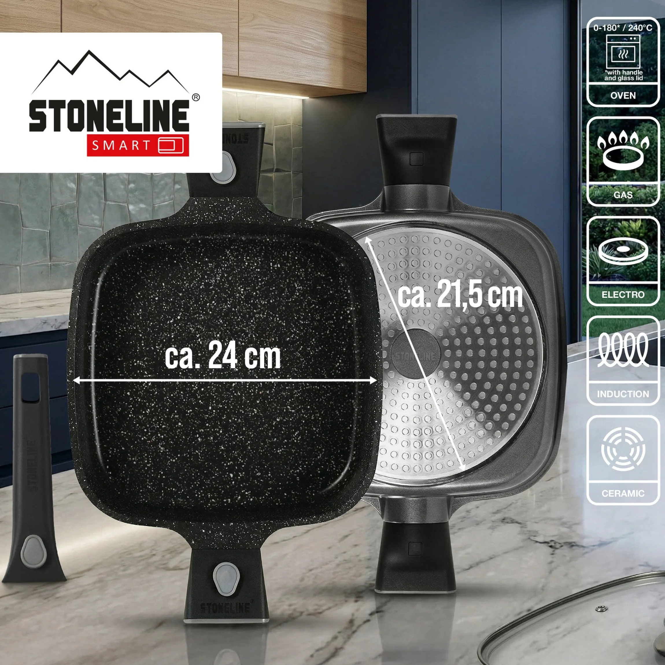 STONELINE SMART Servierpfanne Eckig 24 cm | mit Deckel