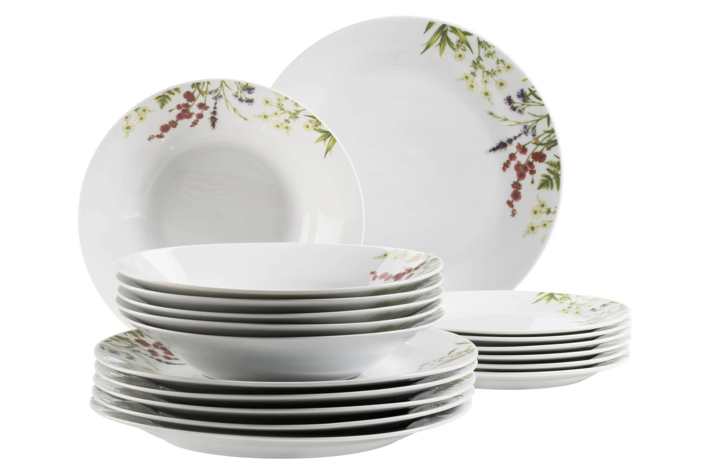 Tellerset, Porzellan Herbal Garden 6 x Speiseteller, 6 x Suppenteller, 6 x Dessertteller